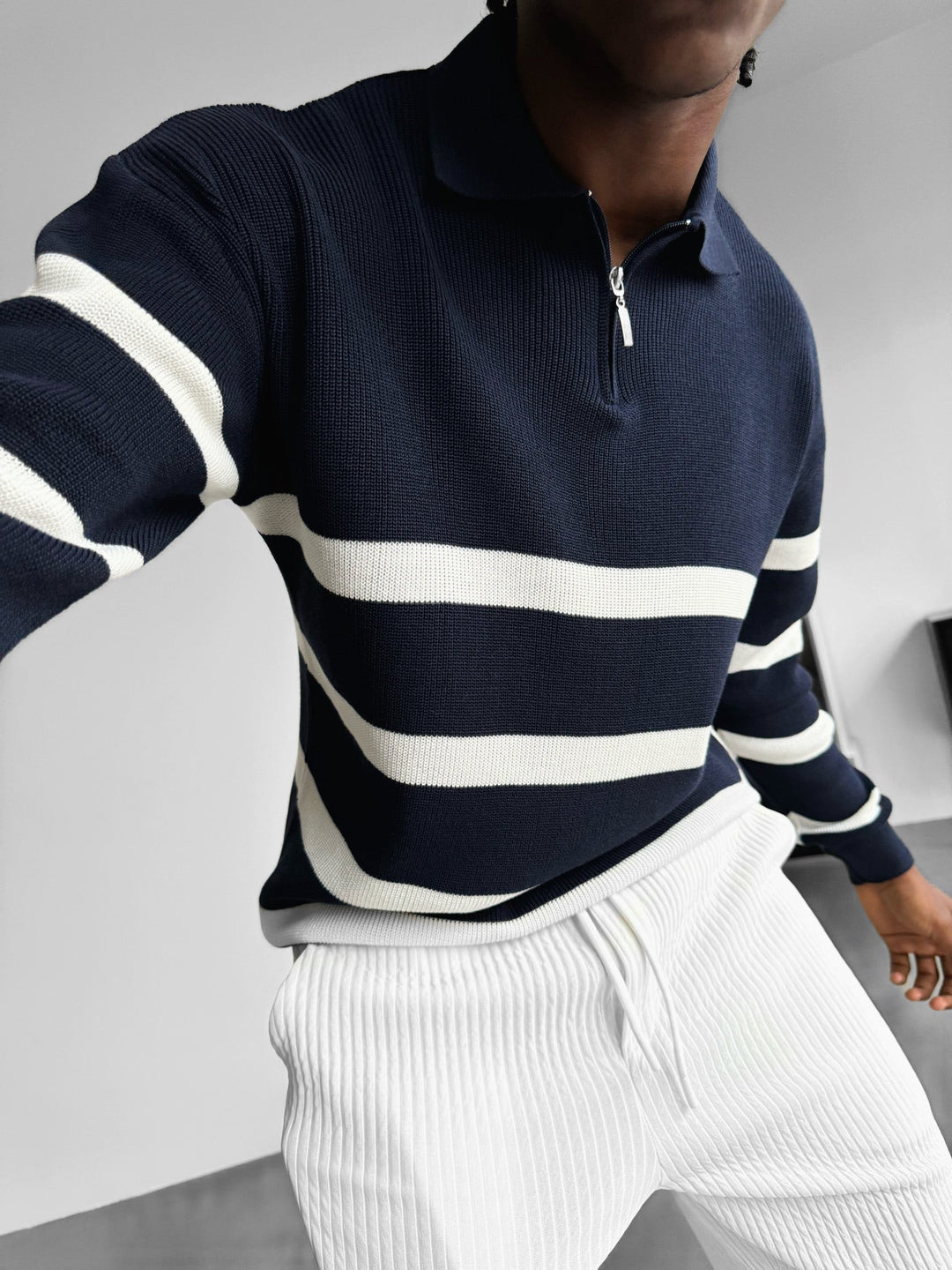 Oversize Sweter Polo z Dzianiny - Granatowy
