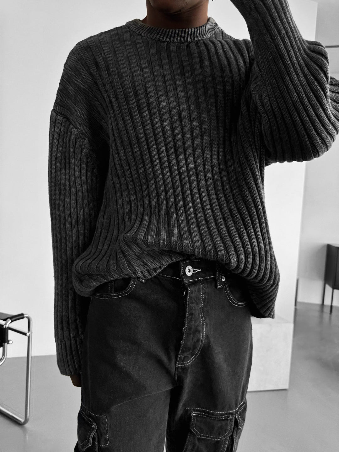 Oversize Ribbed Washed Sweater - Czarny