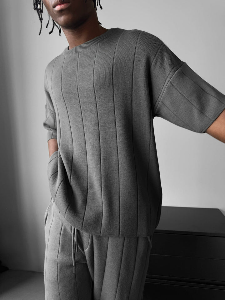 Oversize Line Knit T-Shirt - Antracyt