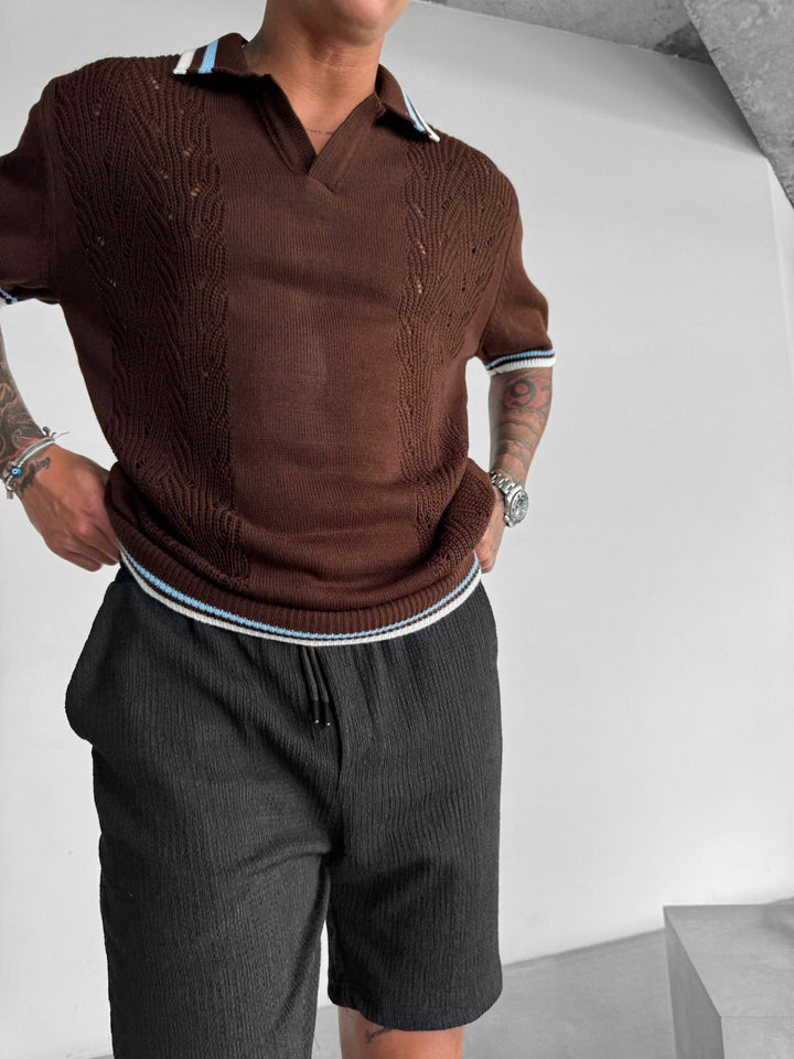 Slim Fit Detail Knit Polo T-Shirt - Brązowy