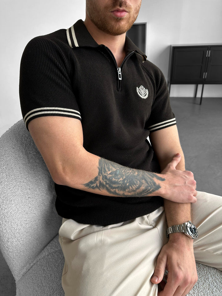 Slim Fit Polo T-shirt z haftem - Ciemny brąz