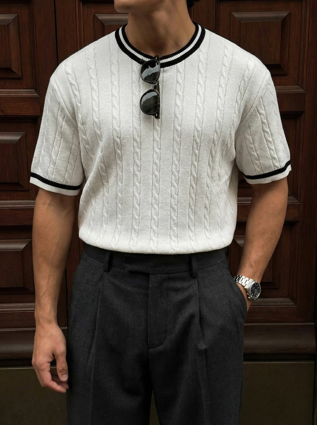 T-shirt Regular Fit z plecionką - Ecru