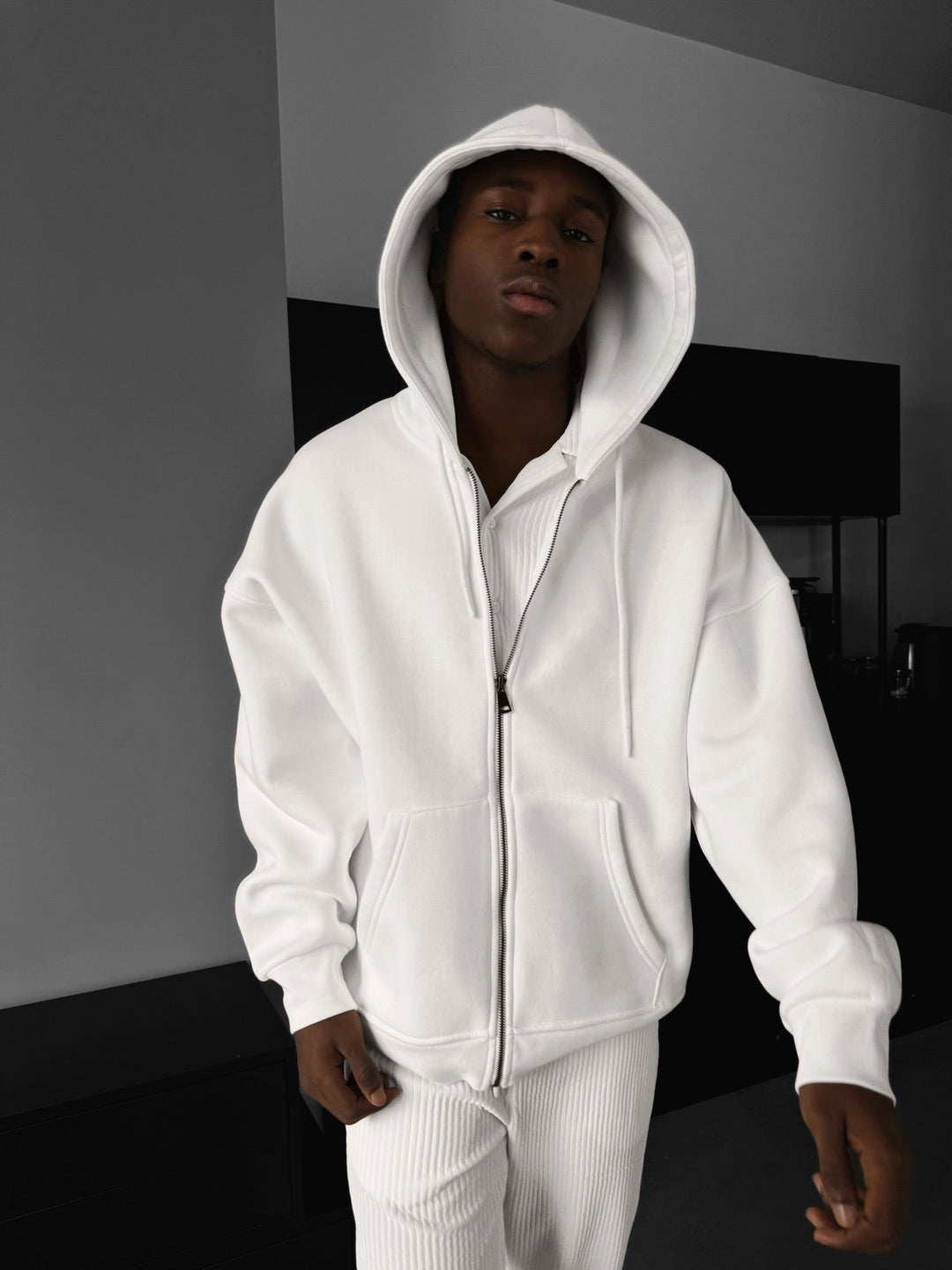 Oversize Basic Zipper Hoodie - Biały