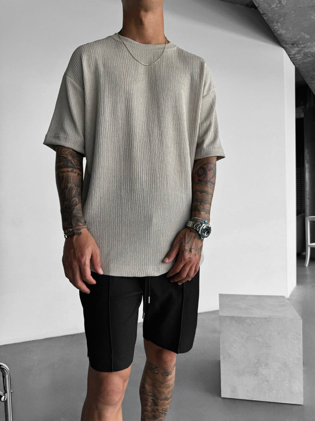 Oversize Crepe T-Shirty - Kamień