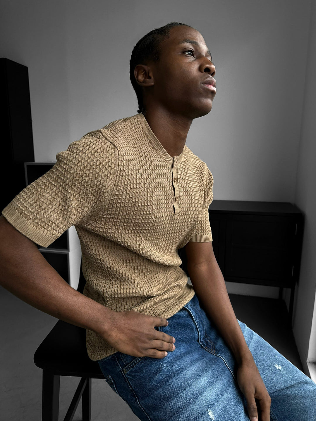 Regular Fit Waffle Button T-shirt - Kamel