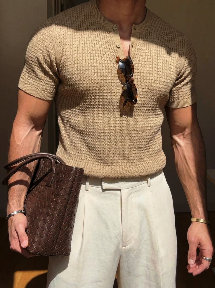 Regular Fit Waffle Button T-shirt - Kamel