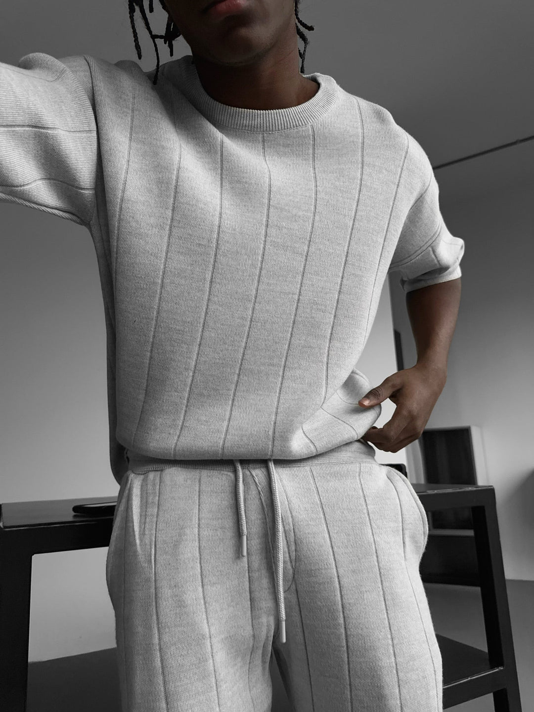 Oversize Line Knit T-Shirt - Jasnoszary