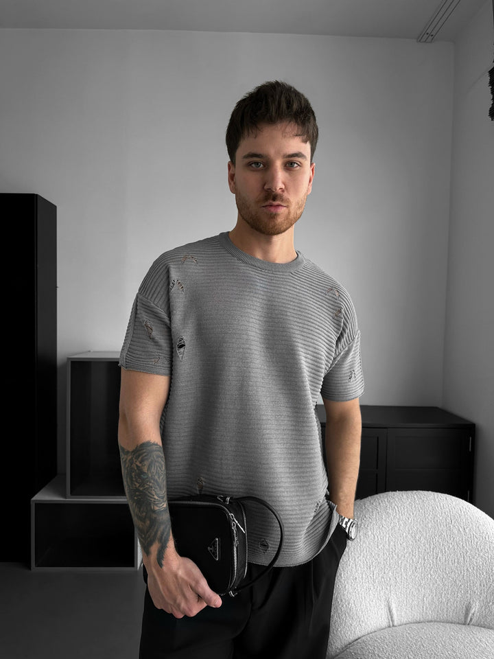 Luźna T-shirt z Przetartym Żebrowanym Splotem - Szary Melanż
