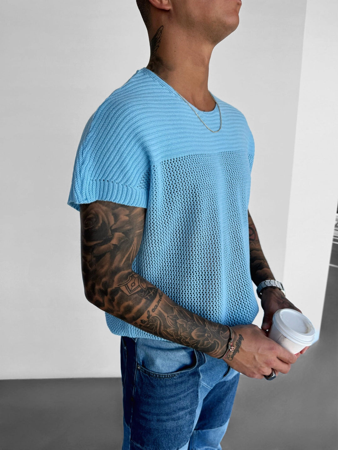 T-shirt Oversize z Teksturowanej Dzianiny - Babyblue