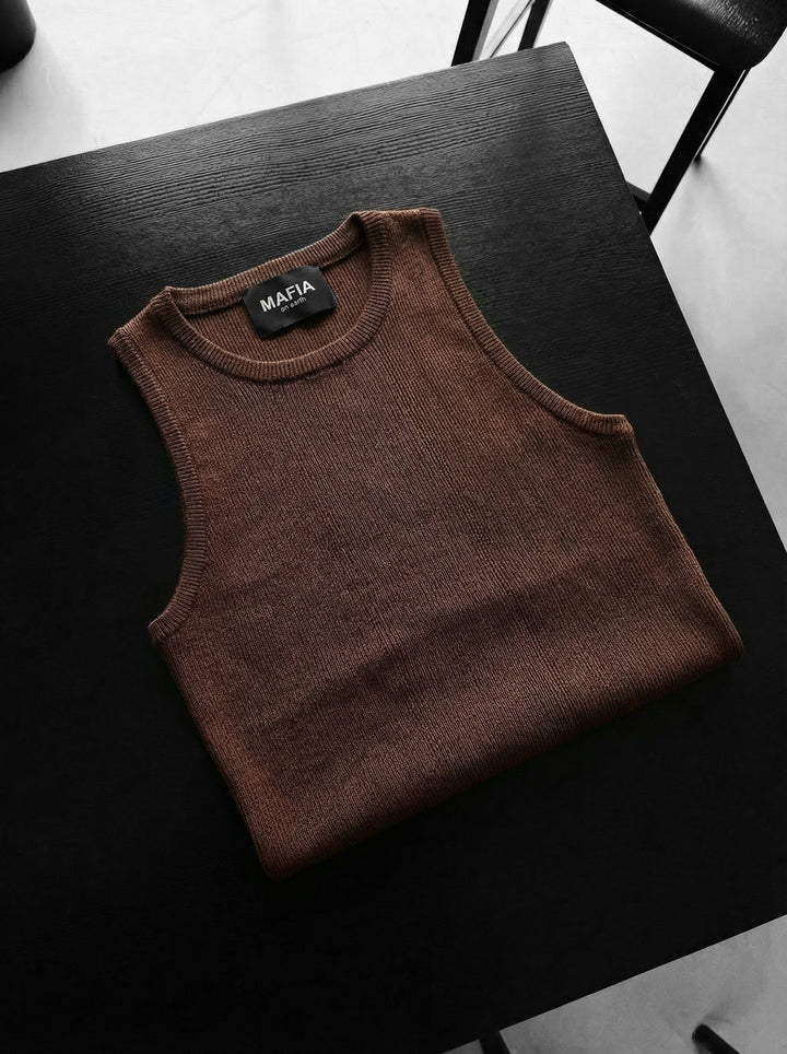 Slim Fit Knit Tanktop - Ciemnobrązowy