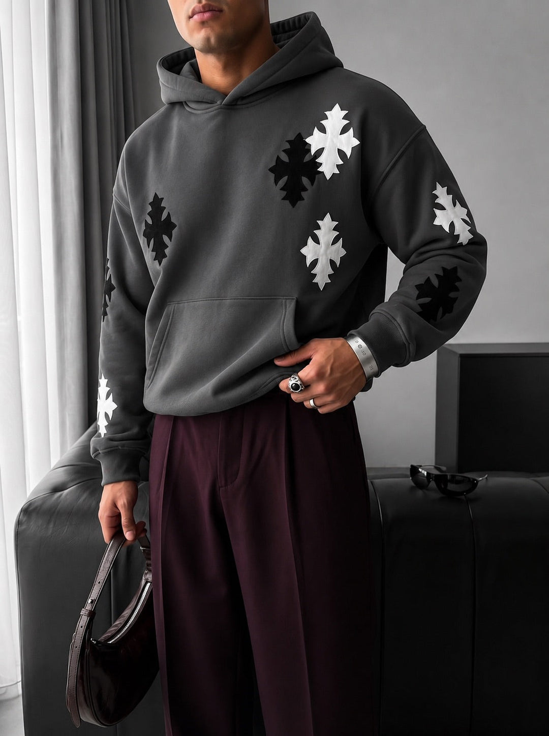 Oversize Gothic Cross Hoodie - Antracyt