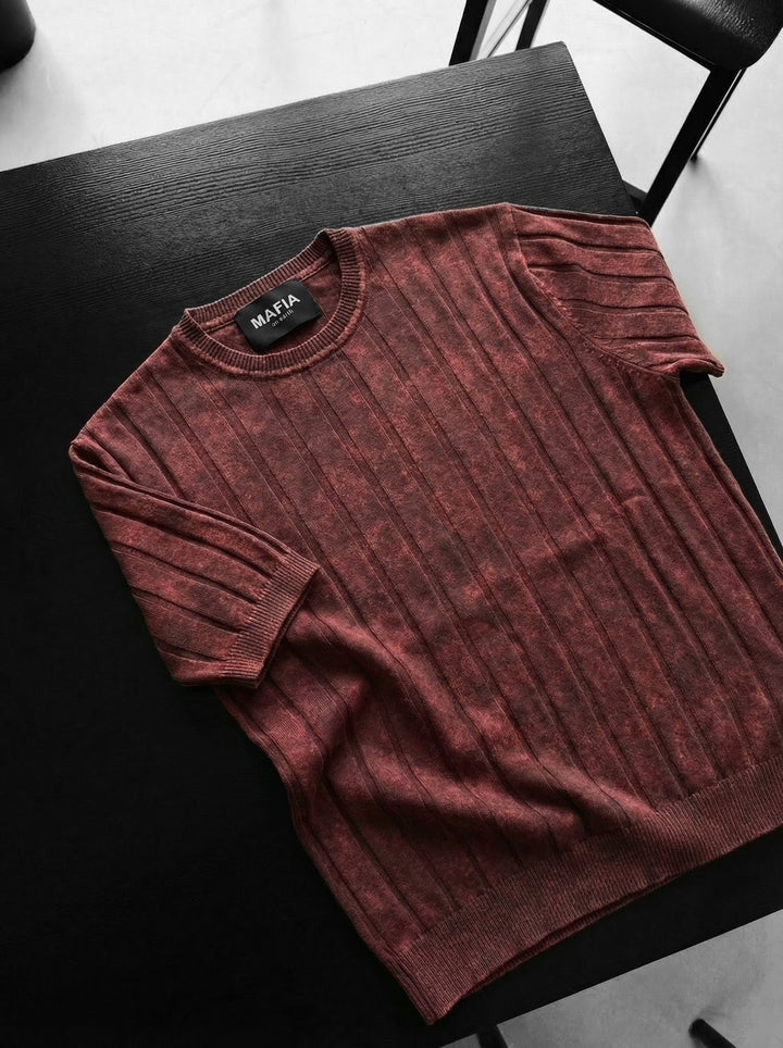 T-shirt Slim Fit z Przędzy w Kolorze Bordeaux