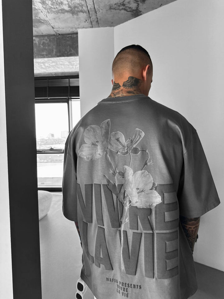 Oversize T-shirt Vivre la Vie - Antracytowy i Czarny