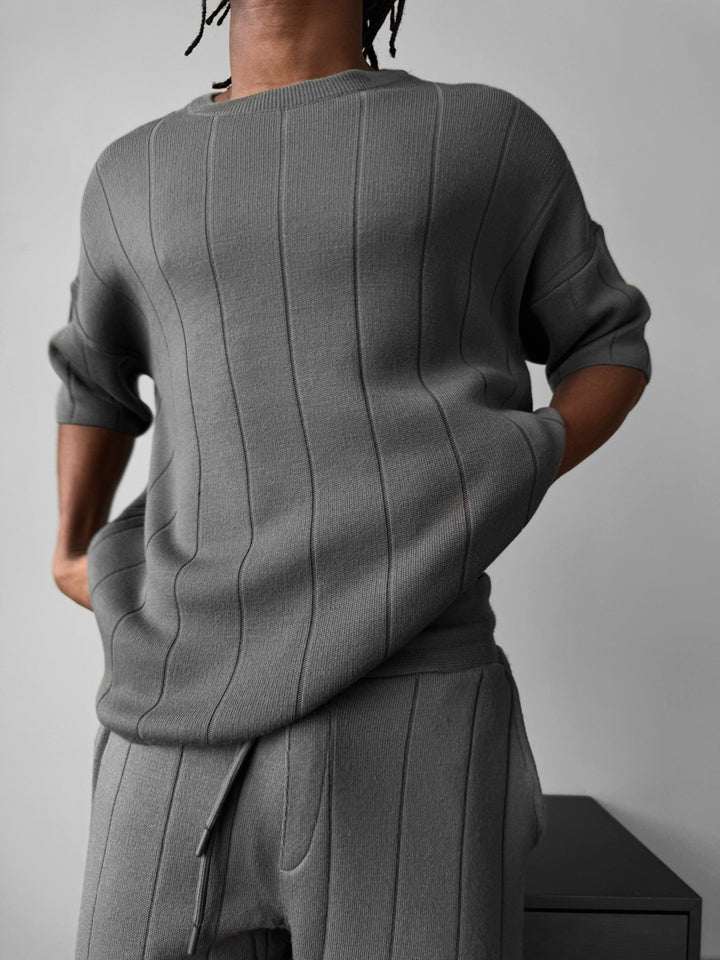 Oversize Line Knit T-Shirt - Antracyt
