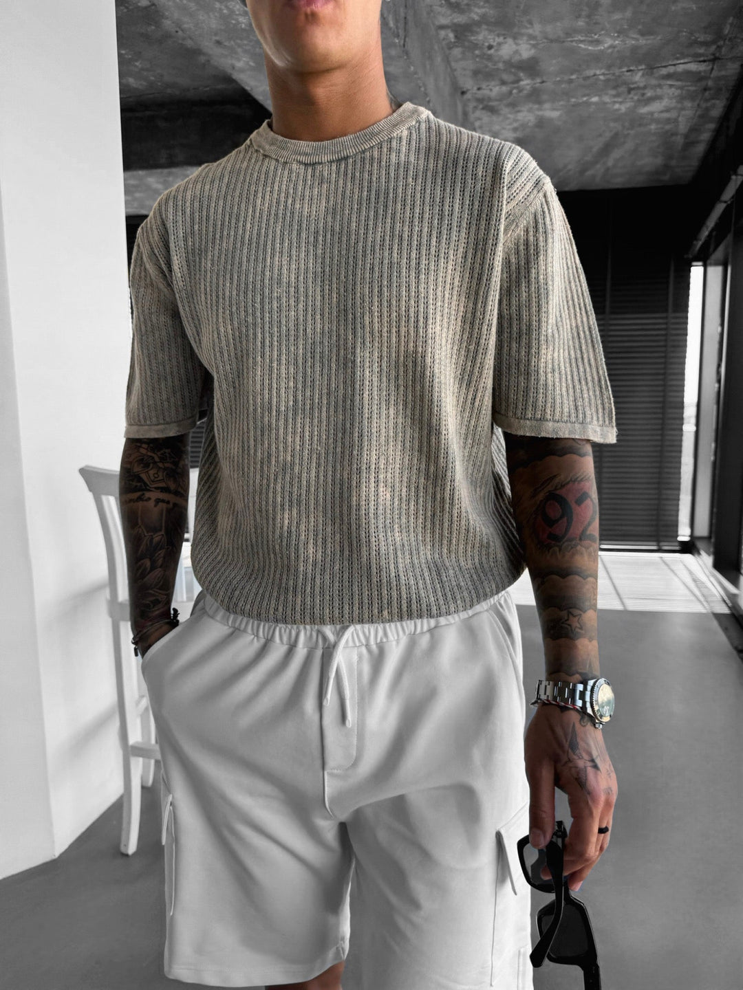 Oversize Knit Washed T-shirt - Kamień