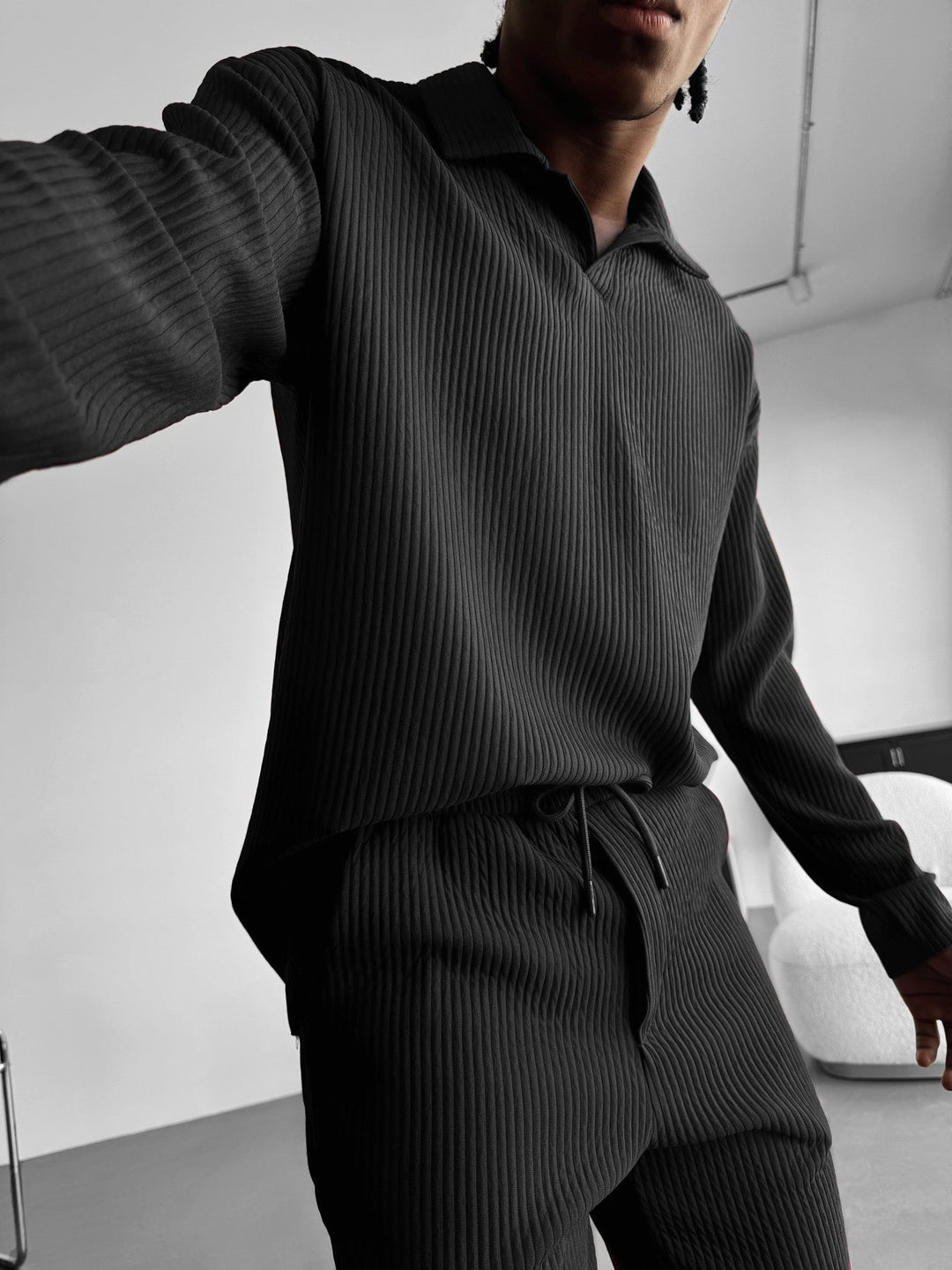 Oversize Ribbed Long Arm Polo T-shirt - Antracyt