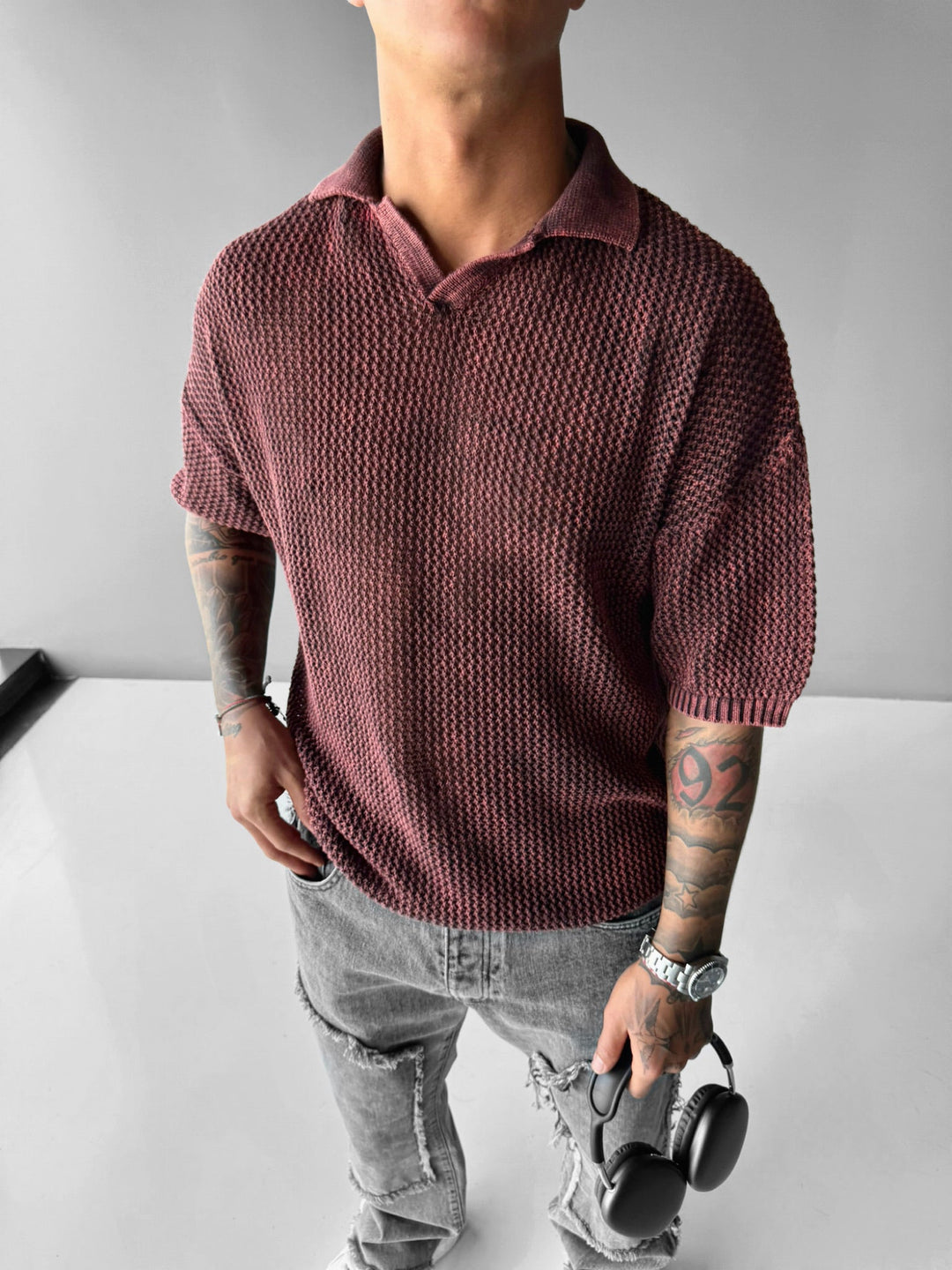 T-shirt Regular Fit z dzianiny w kolorze Śliwkowym