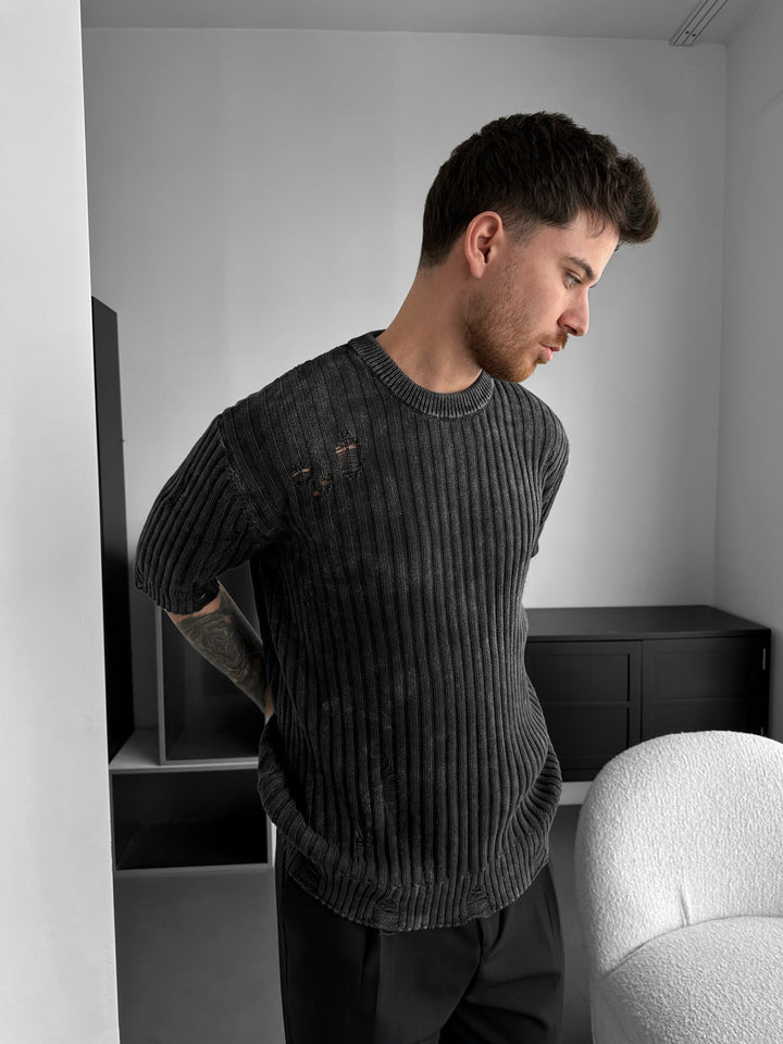 Oversize Torn Washed Knit T-shirt - Czarny