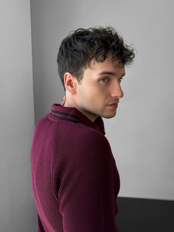 Slim Fit Half-Zip Haftowany Sweter Polo - Bordeaux