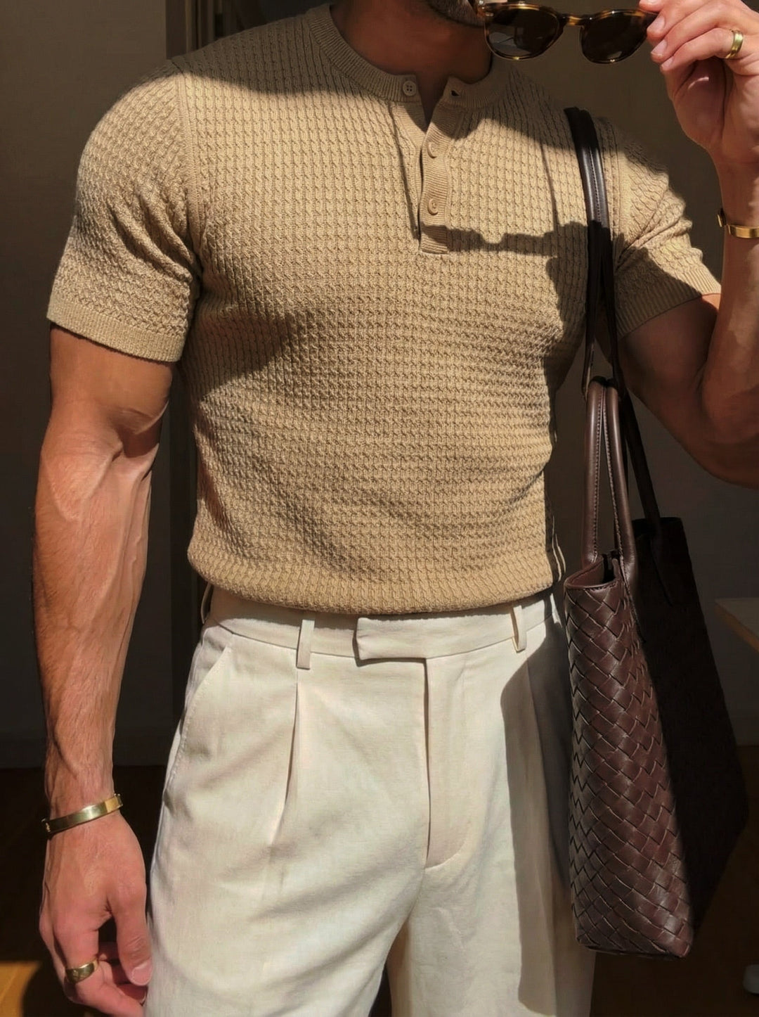 Regular Fit Waffle Button T-shirt - Kamel