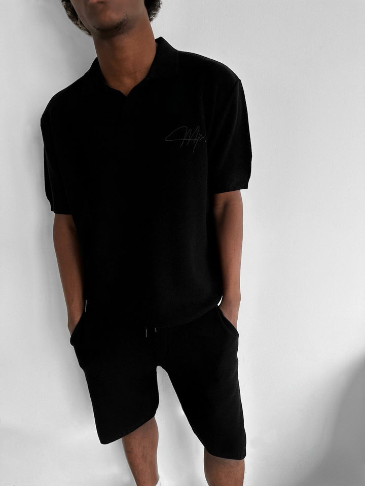 Oversize Initial Knit Polo T-Shirt - Czarny