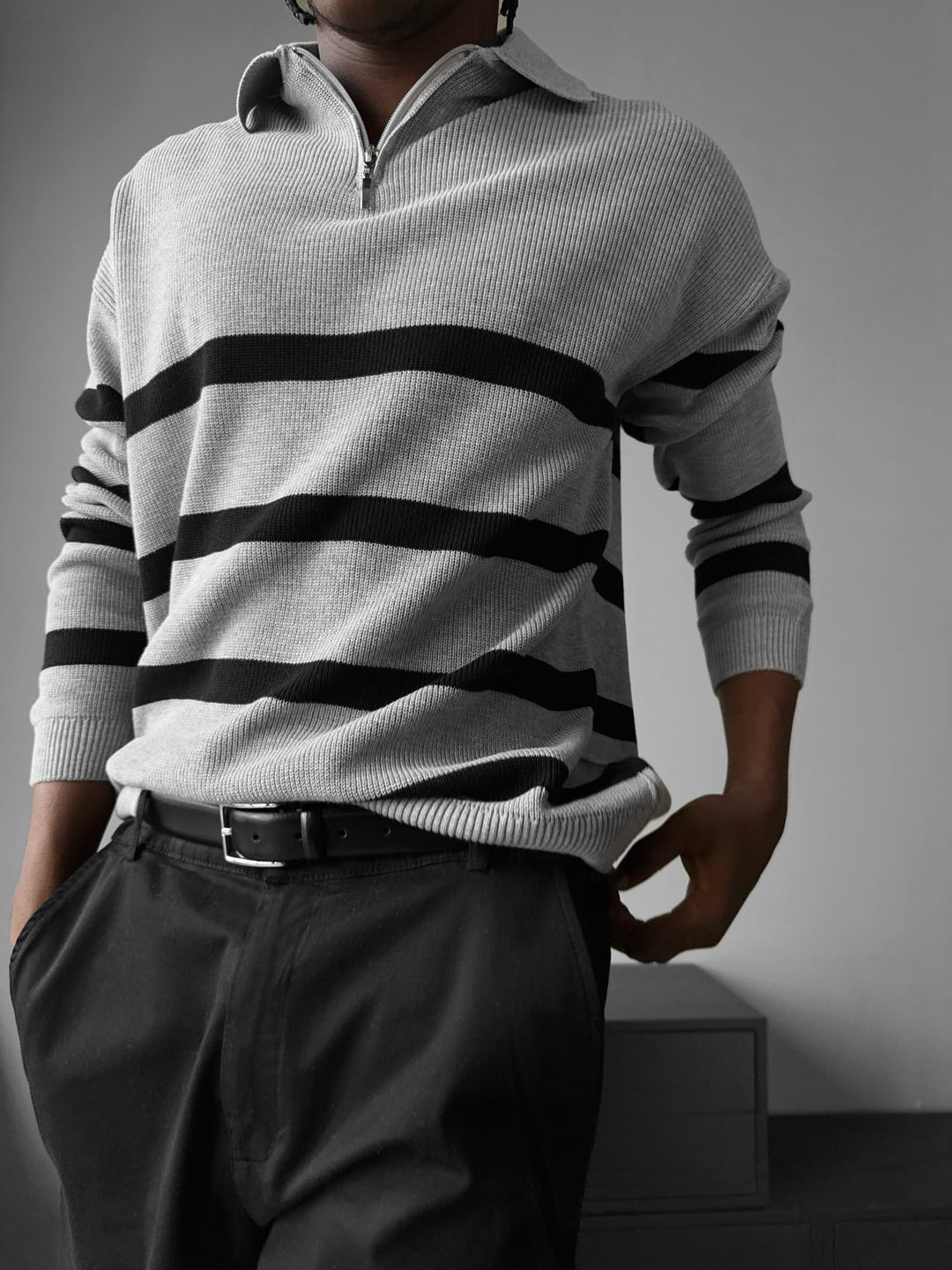Oversize Sweter Polo z Dzianiny - Szary