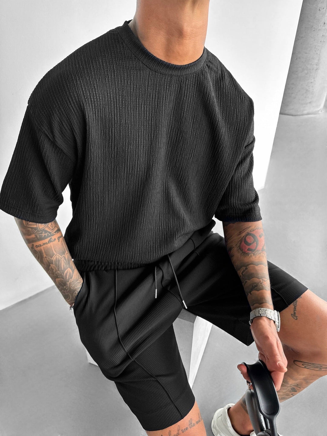 Oversize T-shirty z krepy - Czarny