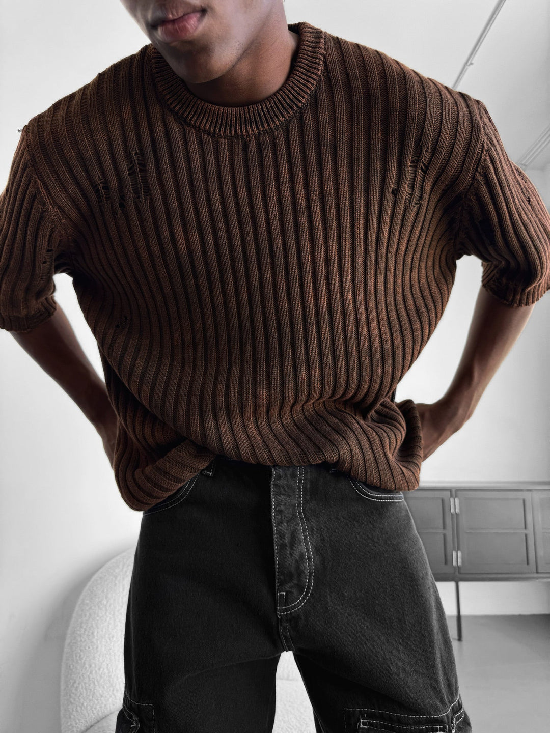 Oversize Torn Washed Knit T-shirt - Brązowy