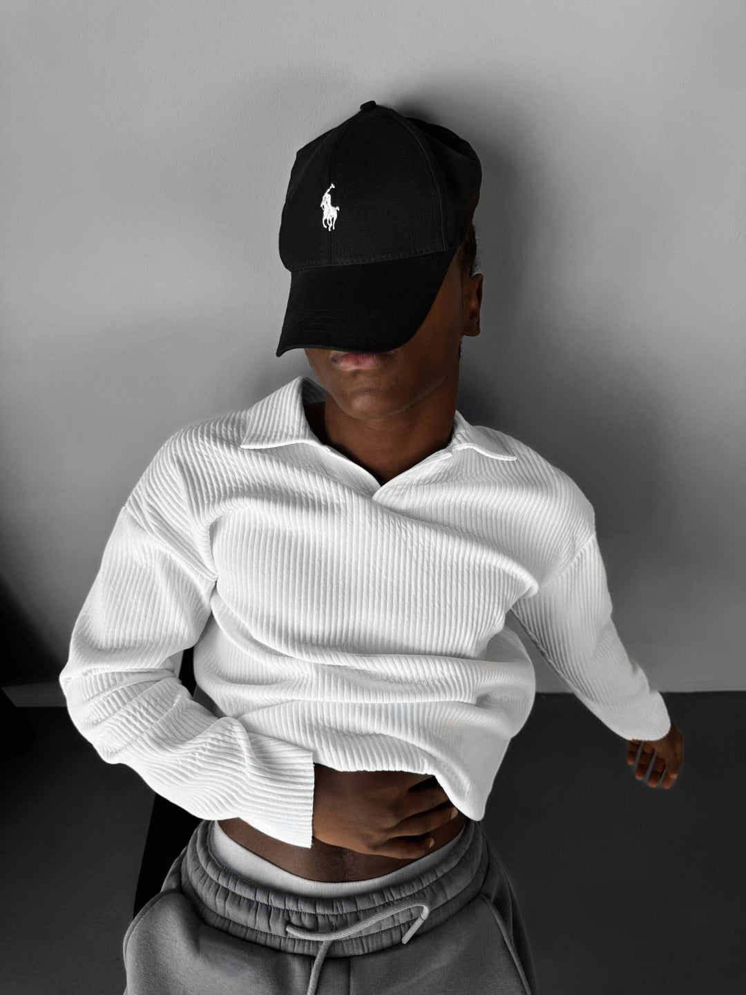 Oversize Ribbed Long Arm Polo T-shirt - Biały