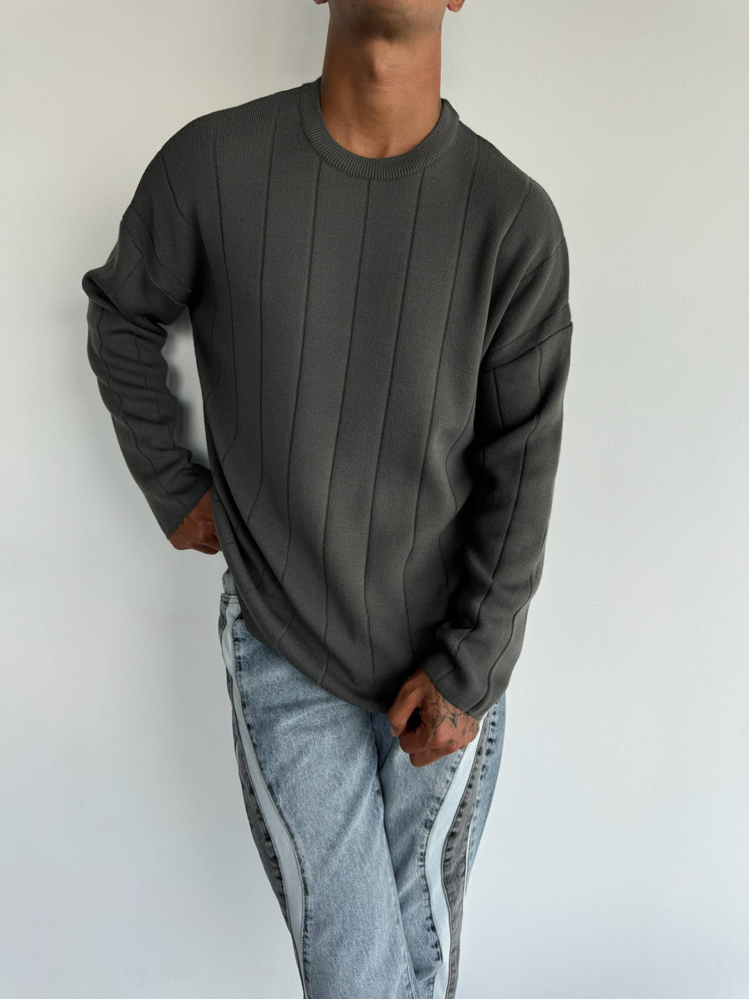 Oversize Lines Knit Sweatshirt - Antracyt