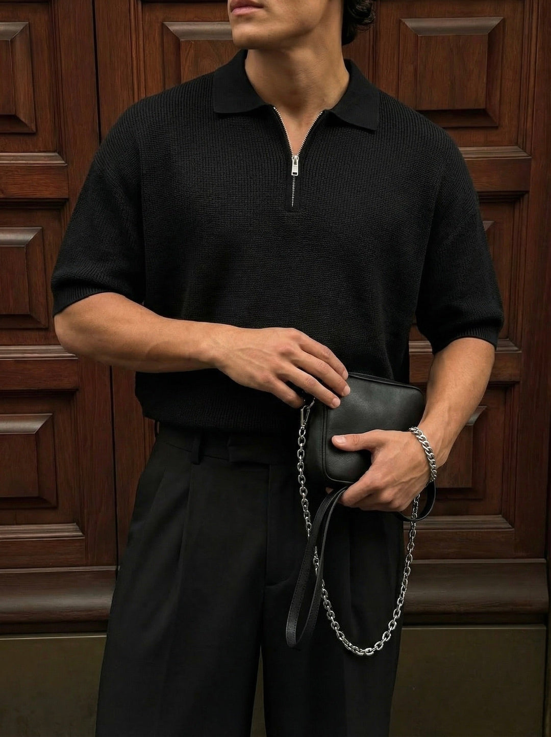 Oversize Zipper Knit Polo T-shirt - Czarny
