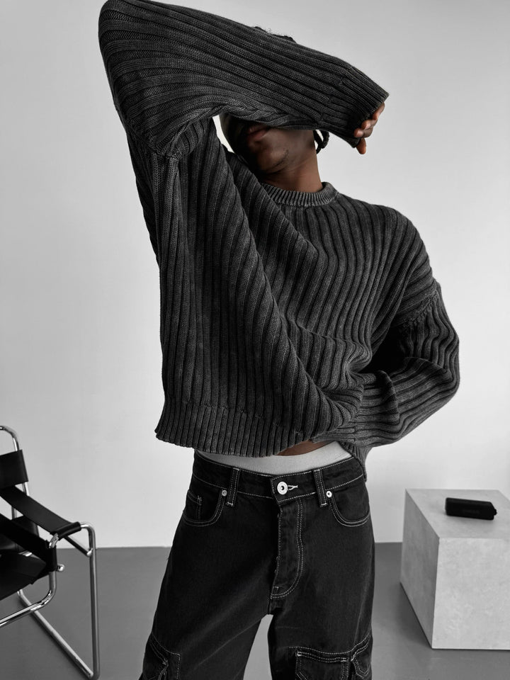 Oversize Ribbed Washed Sweater - Czarny