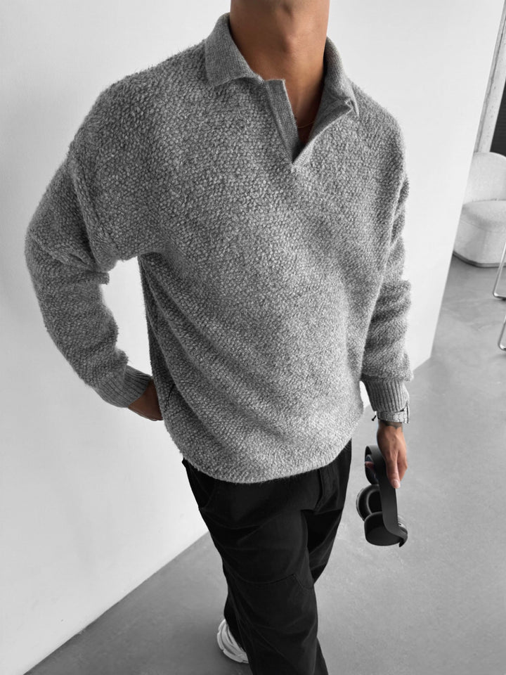 Sweter z dzianinowym kołnierzem - Szary