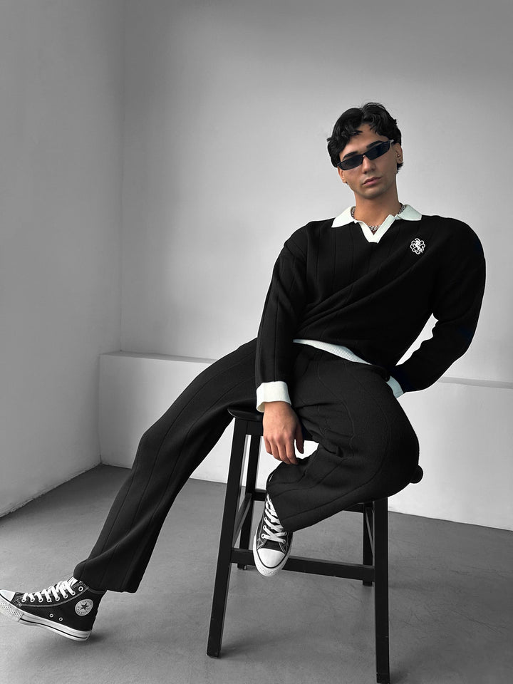 Oversized Haftowany Sweter Polo - Czarny