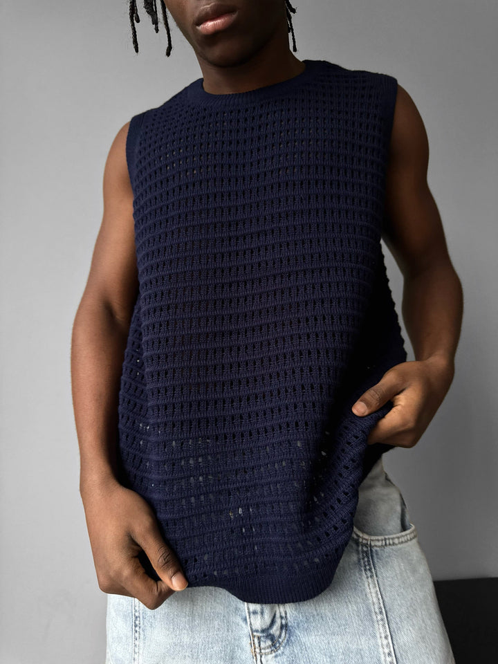 Oversize Grid Tanktop - Ciemnoniebieski