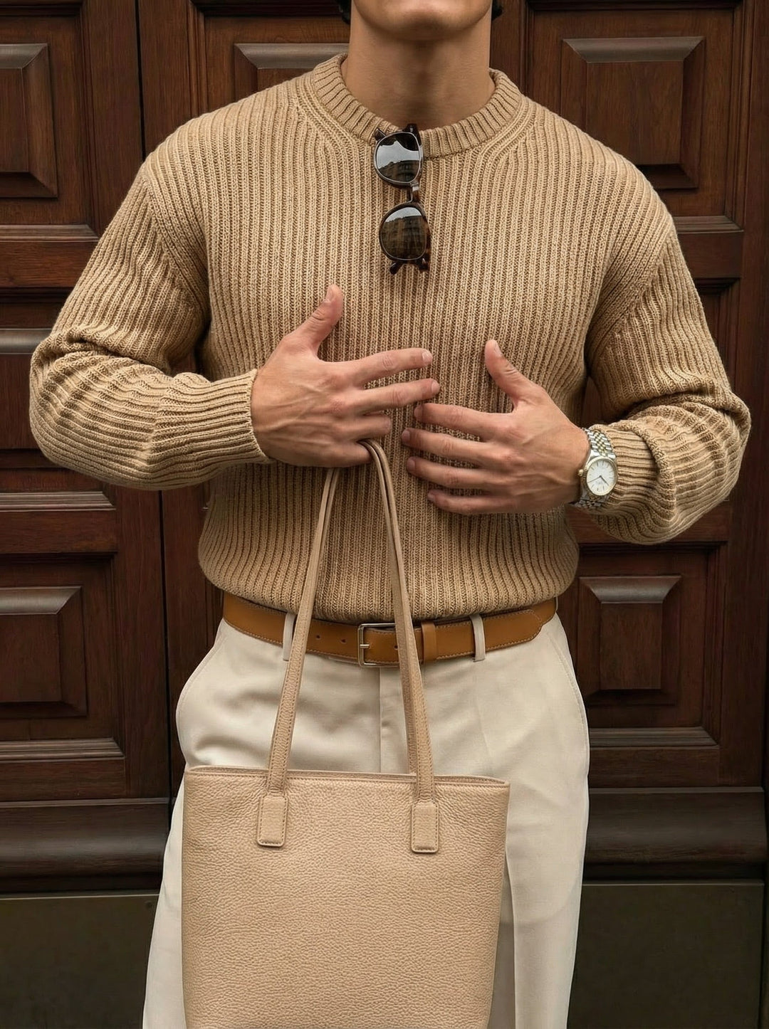Luźny sweter w paski - Camel