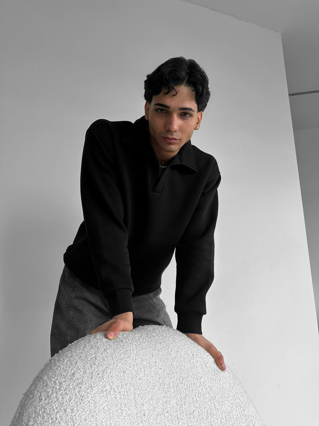 Oversize Basic Polo Sweatshirt - Czarny