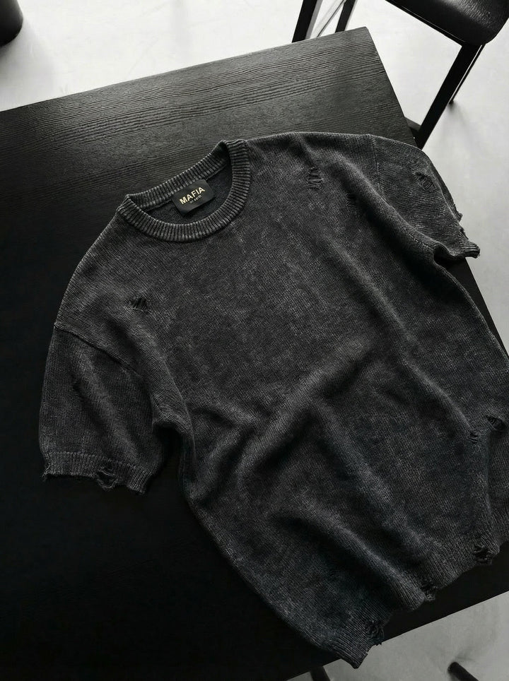 T-shirt z przetarciami w stylu oversize - Antracyt