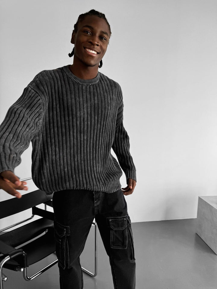 Oversize Ribbed Washed Sweater - Czarny