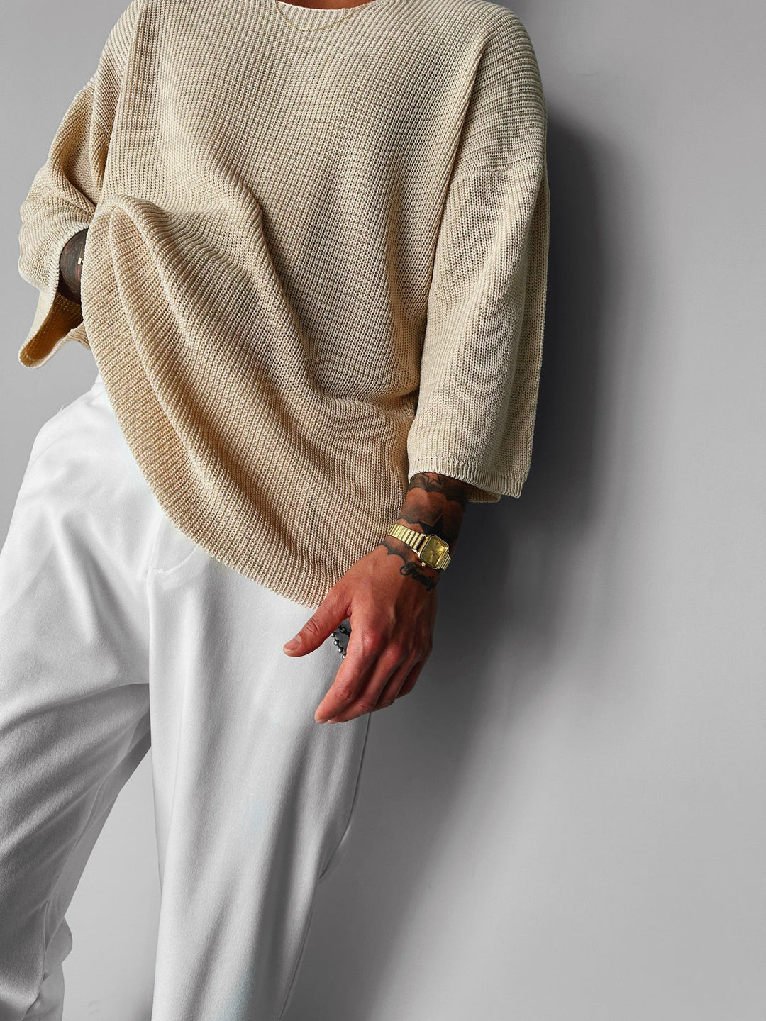 Oversize Długi T-Shirt Dzianinowy - Beżowy