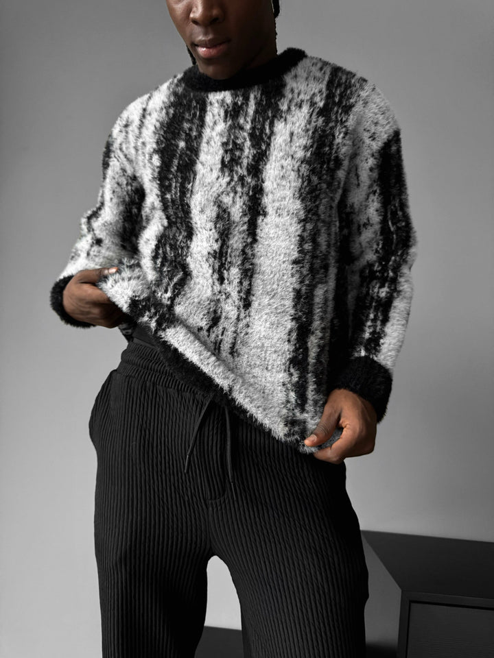 Oversize Brushstroke Effect Knit Pullover - Czarny