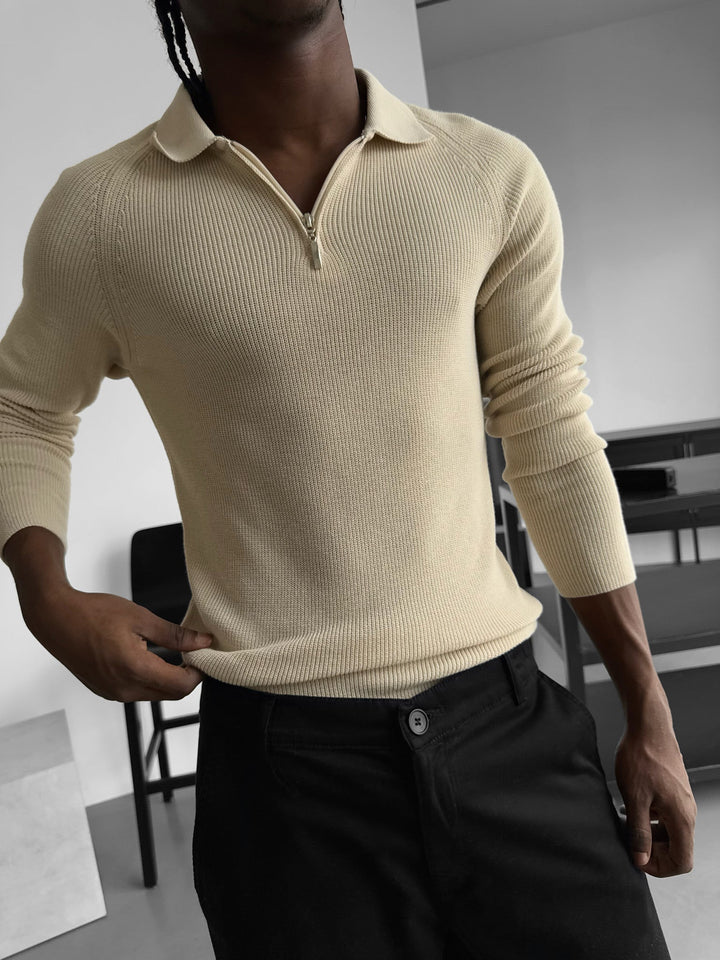 Sweter Polo z Zippem Slim Fit - Beżowy