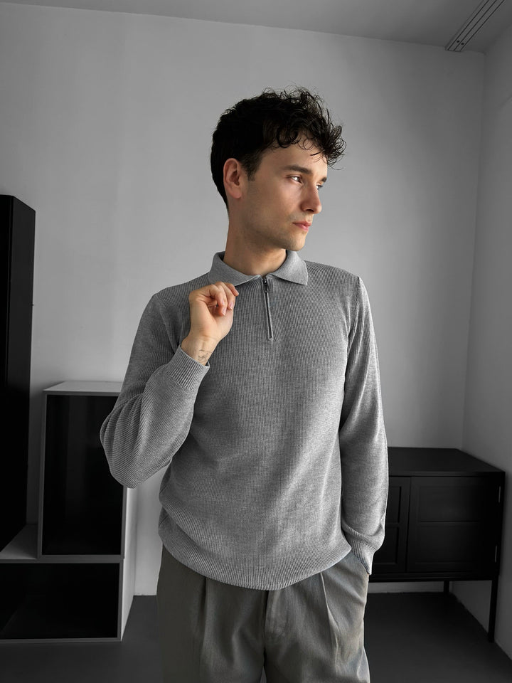 Sweter Polo Loose Fit - Szary