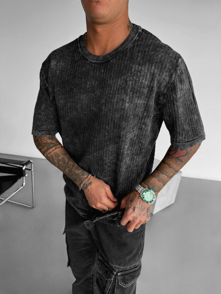 Oversize Knit Washed T-shirt - Czarny
