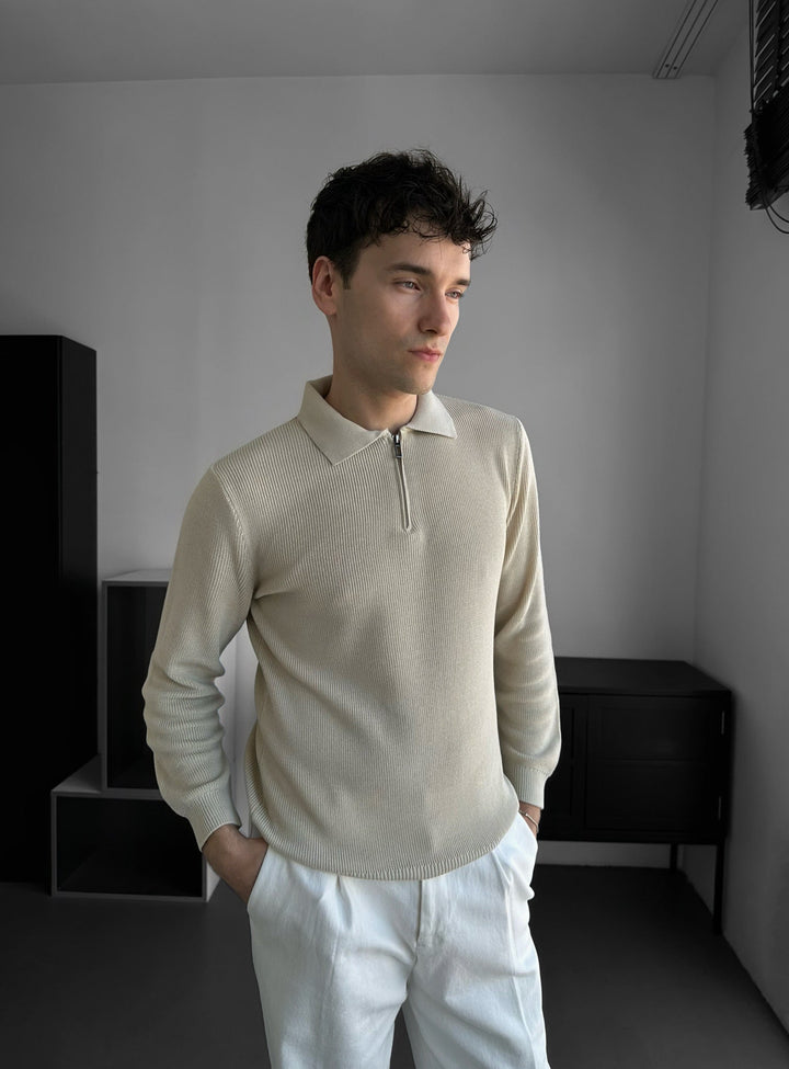 Luźny Sweter Polo - Beżowy