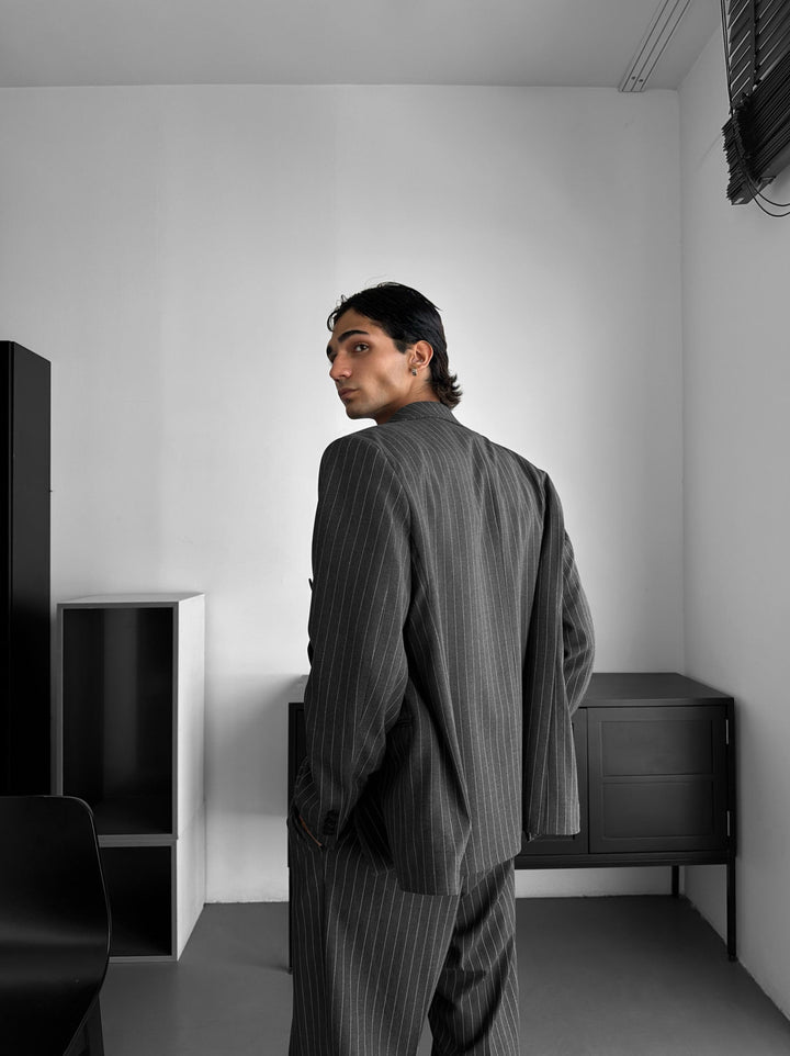 Oversize Pinstripe Podwójnie Zapięty Garnitur - Antracyt