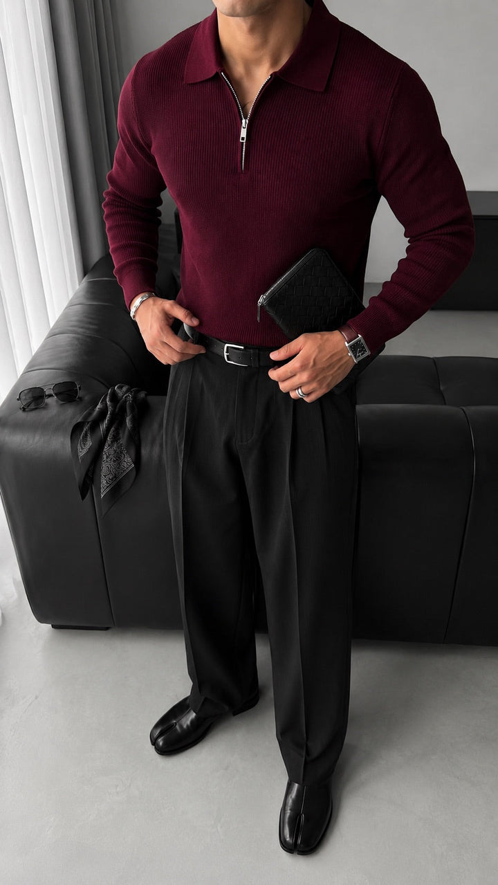 Luźny Sweter Polo - Bordeaux