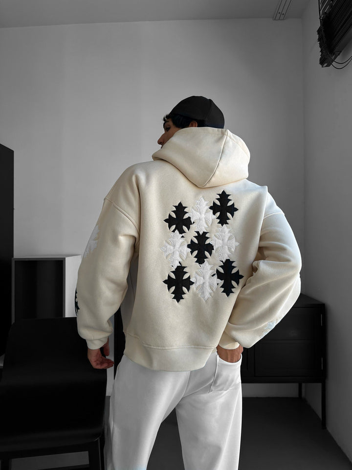 Hoodie Oversize z Gothic Krzyżem - Beżowy