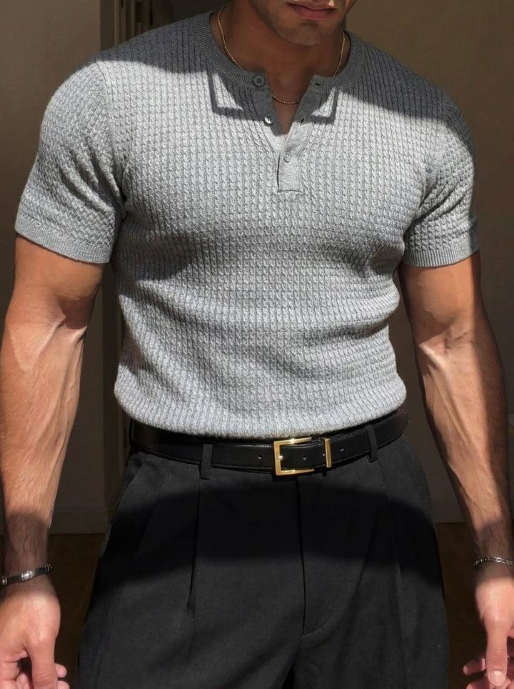 T-shirt Regular Fit Waffle z guzikiem - Szary