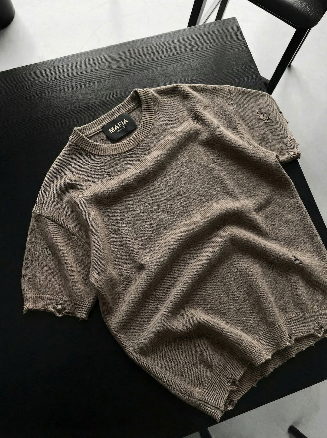 Oversize Knit Torn T-Shirt - Kamień